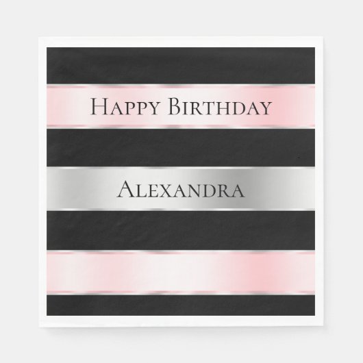 Serviette En Papier Black Glam Silver Blush rose Ribbon Anniversaire (Devant)