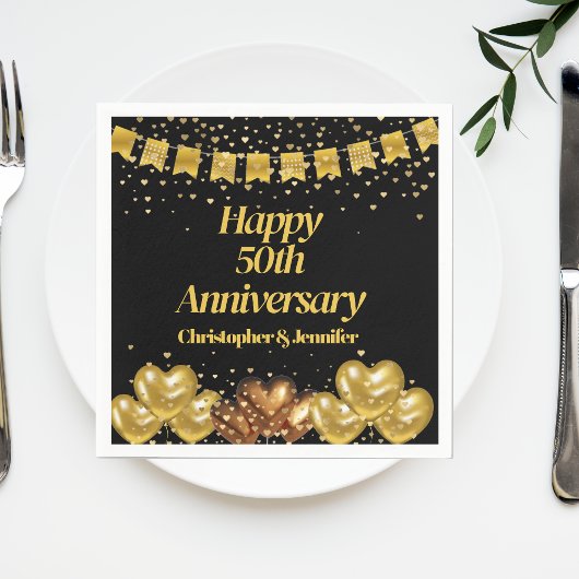 Serviette En Papier Black & Gold Bonne 50e anniversaire de Mariage