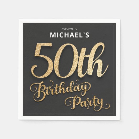 Serviette En Papier Black Gold Faux Foil Personnalisé Élégant 50e anni (Devant)