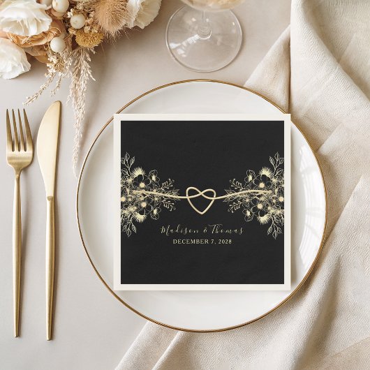Serviette En Papier Black Gold Floral Mariage Cocktail Napkins