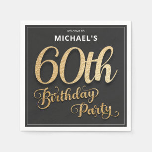 Serviette En Papier Black Gold Foil 60e fête d'anniversaire