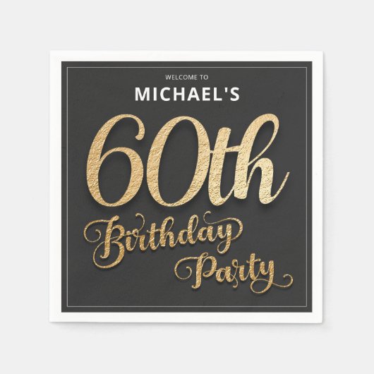 Serviette En Papier Black Gold Foil 60e fête d'anniversaire (Devant)