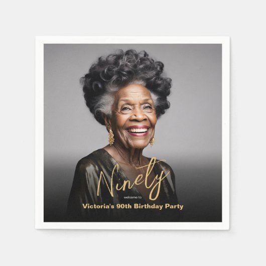 Serviette En Papier Black Gold Minimal photo moderne 90e anniversaire (Devant)