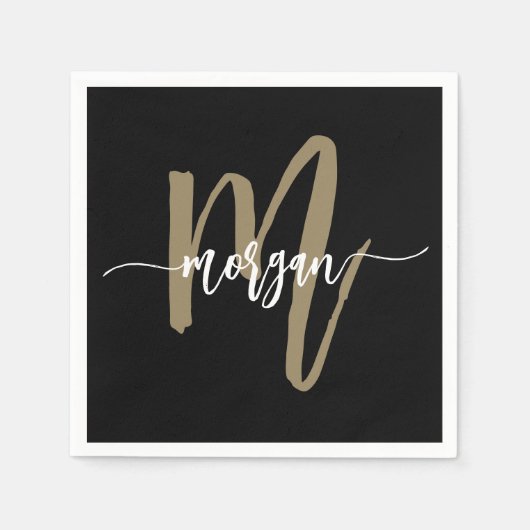 Serviette En Papier Black Gold Modern Script Girl Monogramme Nom (Devant)