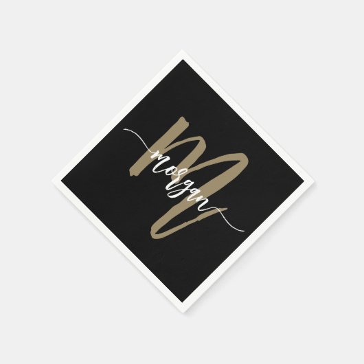 Serviette En Papier Black Gold Modern Script Girl Monogramme Nom (Coin)