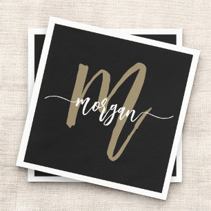 Serviette En Papier Black Gold Modern Script Girl Monogramme Nom