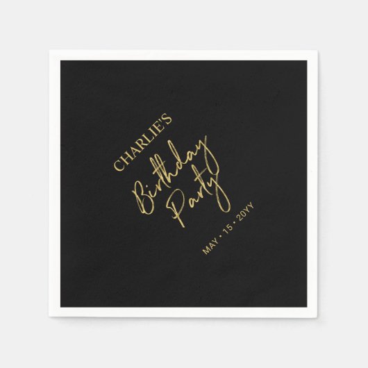 Serviette En Papier Black & Gold Moderne Brush Script Anniversaire Fêt (Devant)