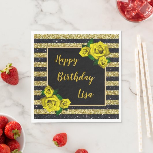Serviette En Papier Black Gold Parties scintillant rayures Roses Jaune (En situation)