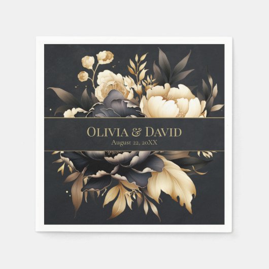 Serviette En Papier Black & Gold Peony Wedding Napkins (Devant)