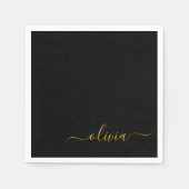 Serviette En Papier Black Gold Script Monogramme Nom Moderne (Devant)