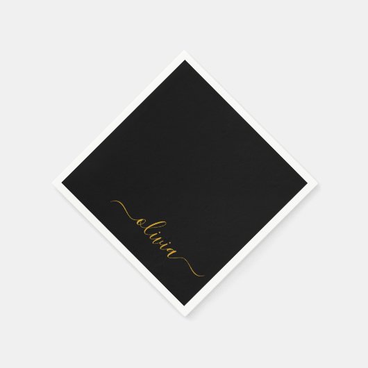 Serviette En Papier Black Gold Script Monogramme Nom Moderne (Coin)
