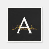 Serviette En Papier Black Gold Script Monogramme Nom Moderne (Devant)