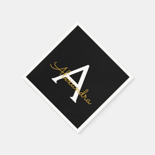 Serviette En Papier Black Gold Script Monogramme Nom Moderne (Coin)