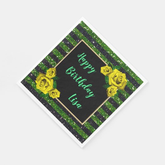 Serviette En Papier Black Green Parties scintillant rayures Roses Jaun (Coin)