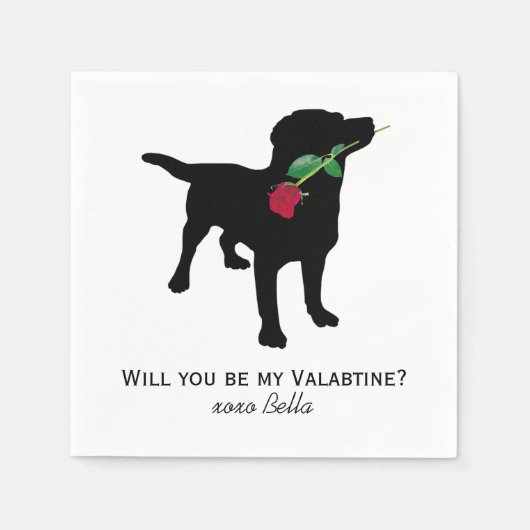 Serviette En Papier Black Lab Valentine Chien tenant Red Rose (Devant)