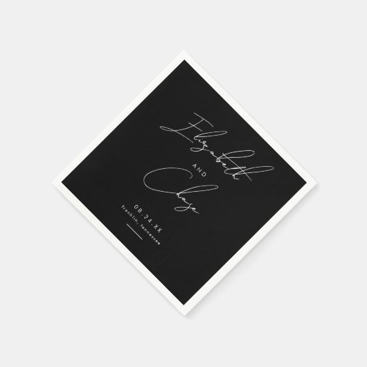 Serviette En Papier Black Modern Calligraphie Noms Mariage élégant (Coin)