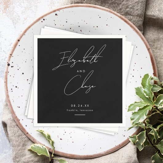 Serviette En Papier Black Modern Calligraphie Noms Mariage élégant