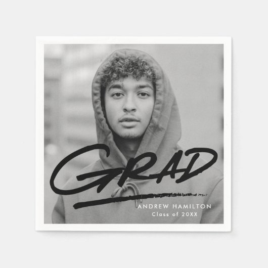 Serviette En Papier Black Modern Dashed Grad Photo Graduation (Devant)