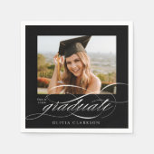 Serviette En Papier Black Modern Elegant Script Photo Graduation Party (Devant)