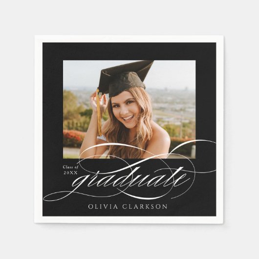 Serviette En Papier Black Modern Elegant Script Photo Graduation Party (Devant)