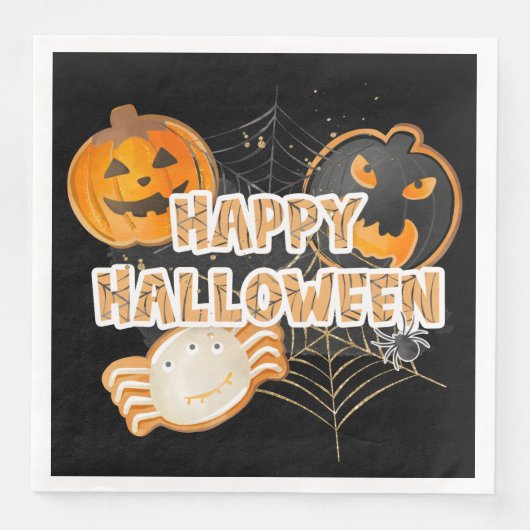 SERVIETTE EN PAPIER BLACK ORANGE HAPPY HALLOWEEN COOKIES (Devant)