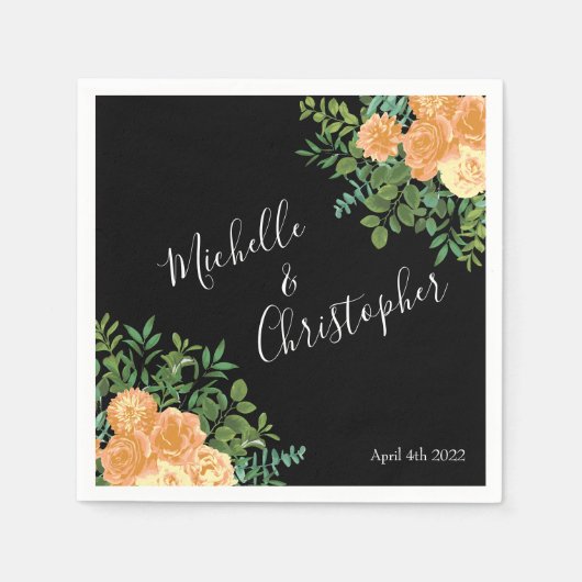 Serviette En Papier Black & Peach Mariage Floral moderne (Devant)