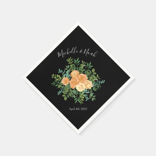 Serviette En Papier Black & Peach Mariage Floral moderne (Coin)