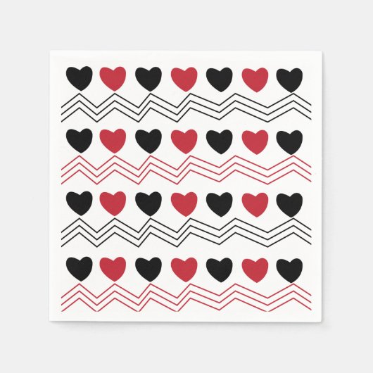 Serviette En Papier Black Red Hearts Chevron Stripe Motif Party (Devant)