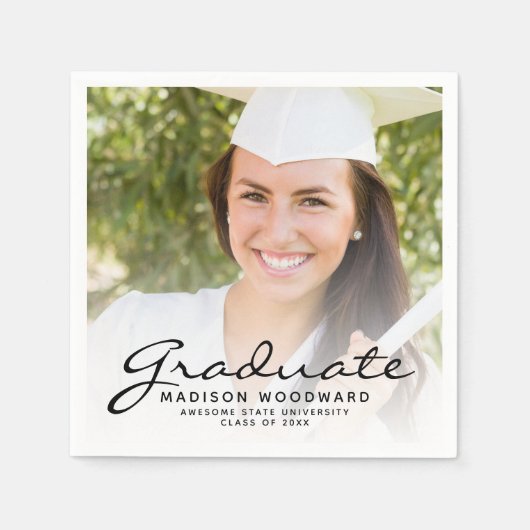 Serviette En Papier Black Script Photo Graduation Party (Devant)