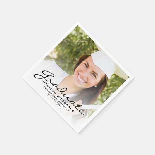Serviette En Papier Black Script Photo Graduation Party (Coin)