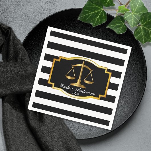 Serviette En Papier Black Striped Gold Law Scales Graduation Party