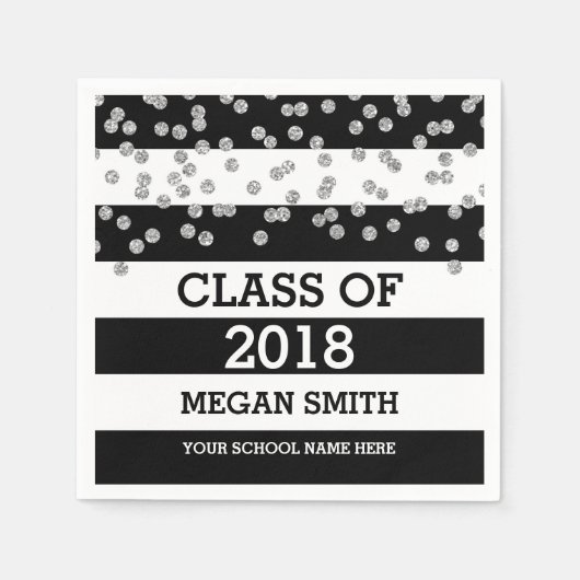 Serviette En Papier Black Stripes Dots d'argent Classe de 2018 Graduat (Devant)