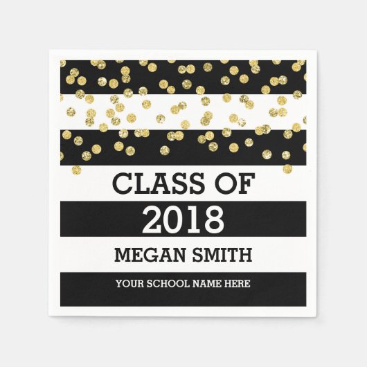 Serviette En Papier Black Stripes Gold Dots Classe de 2018 Graduation (Devant)