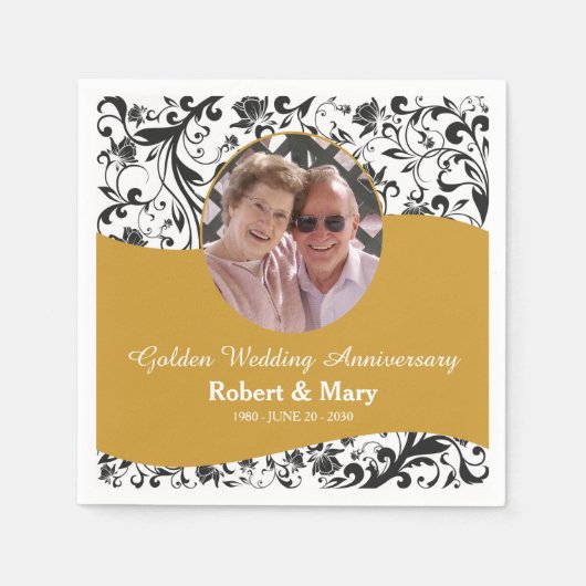 Serviette En Papier Black Swirl & Gold 50e anniversaire Mariage Photo (Devant)