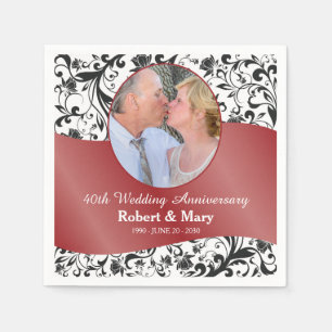 Serviette En Papier Black Swirl & Ruby 40e anniversaire de Mariage Pho