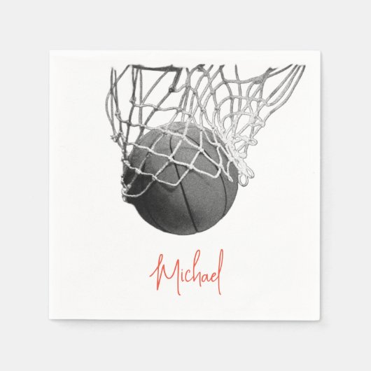 Serviette En Papier Black & White Basketball Ball & Net Your Name (Devant)
