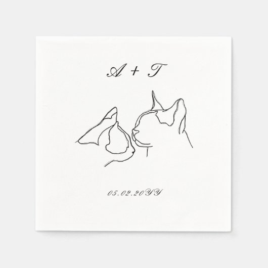 Serviette En Papier Black White Cats Doodle Couple Mariage Monogramme (Devant)
