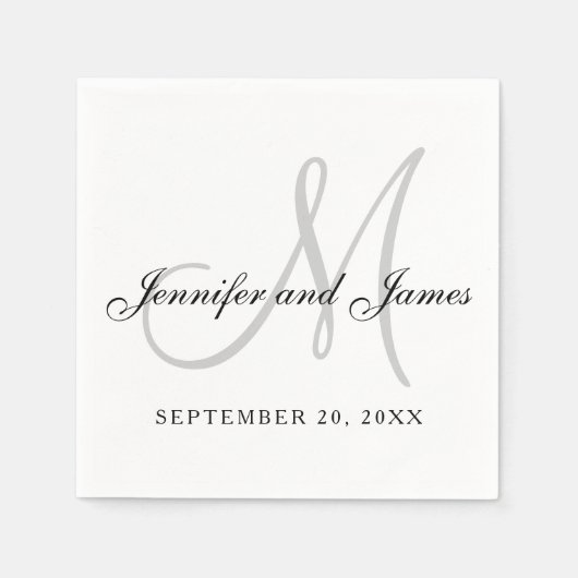 Serviette En Papier Black White Grey Monogram Elegant Script Wedding (Devant)