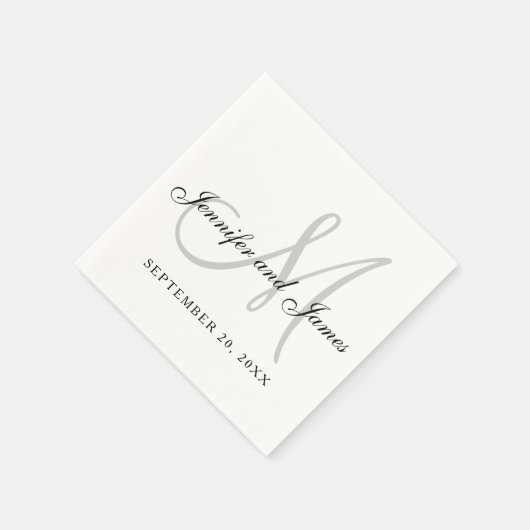 Serviette En Papier Black White Grey Monogram Elegant Script Wedding (Coin)