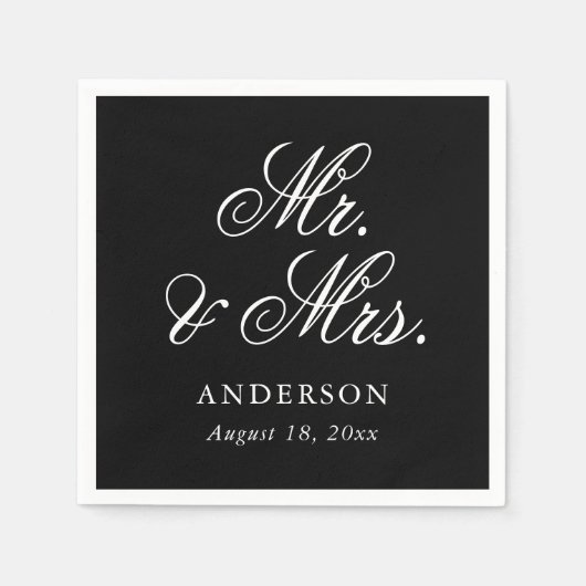 Serviette En Papier Black White Script Mr & Mrs Mariage (Devant)