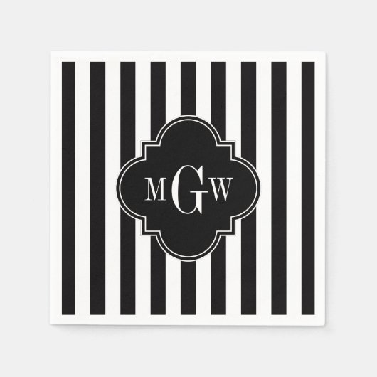 Serviette En Papier Black White Stripe Black Quatrefoil 3 Monogramme (Devant)