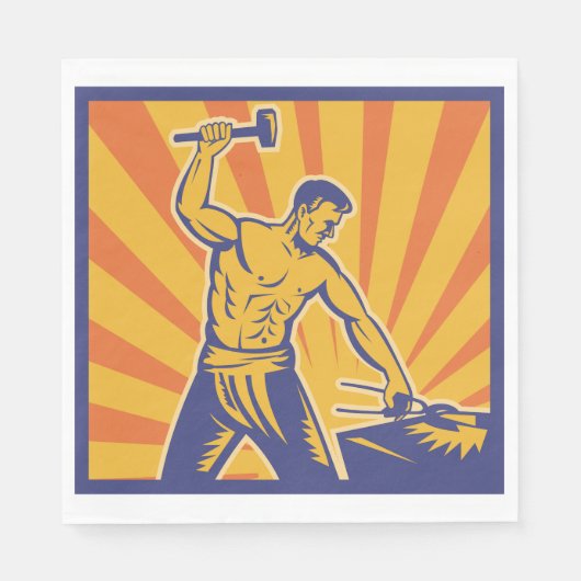 Serviette En Papier Blacksmith Hammering Retro Strongman Labor (Devant)