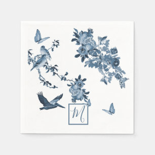 Serviette En Papier Blanc Bleu Chinoiserie Floral Chic Monogramme