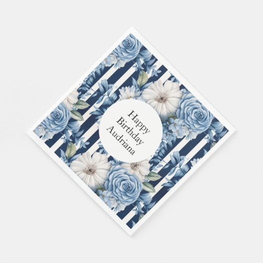 Serviette En Papier Blanc Bleu Grandes Florales Anniversaire (Coin)