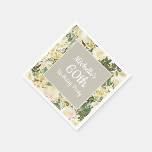 Serviette En Papier Blanc crème Sage Vert Floral 60e anniversaire (Coin)