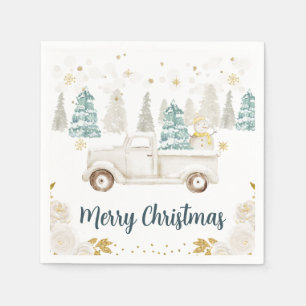 Serviette En Papier Blanc d'hiver et camion floral doré Joyeux Noël