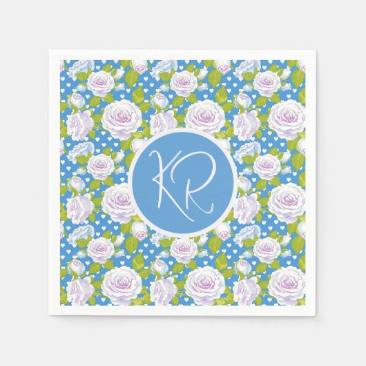 Serviette En Papier Blanc Fleur Bleue Rose Monogramme Initiales Tendan (Devant)