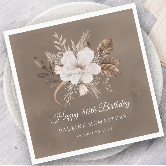 Serviette En Papier Blanc Floral Neutre Automne 80e anniversaire