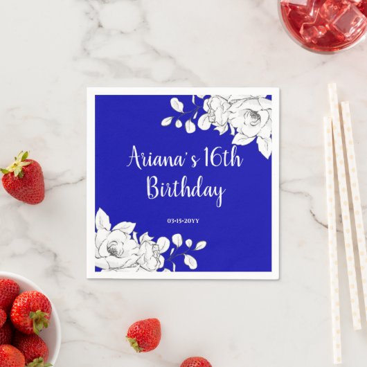 Serviette En Papier Blanc Floral Royal Blue Anniversaire (En situation)