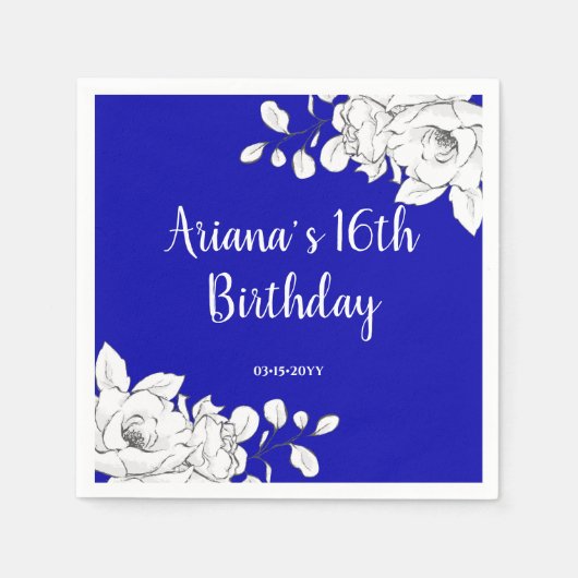 Serviette En Papier Blanc Floral Royal Blue Anniversaire (Devant)